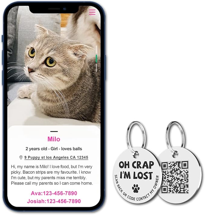MYLUCKYTAG Stainless Steel QR Code Cat Tags - Pet Online Profile - Scan QR, Receive Instant Pet Location Alert Email