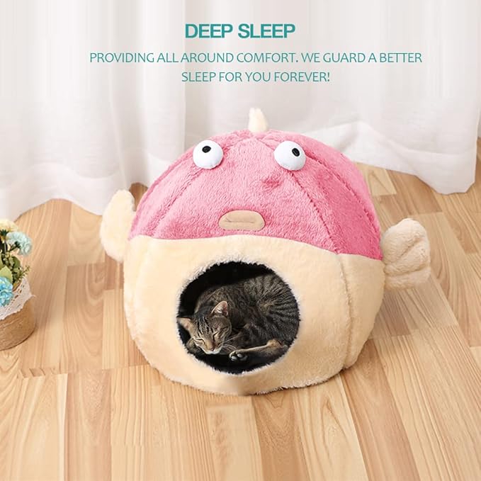 Cat Beds for Indoor Cats - Cat Bed Cave with Removable Washable Cushioned Pillow, Soft Plush Premium Cotton No Deformation Pet Bed, Lively Pufferfish Cat House Design, Pink, Multiple Sizes(S)