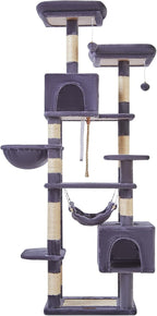 Taoqimiao Cat Tree, 71-Inch Cat Tree Cat Tower for Indoor Cats, Plush Multi-Level Cat Condo with 10 Scratching Posts, 2 Perches,Basket, 2 Caves,Hammock, 2 Pompoms,MS020G Beige Smoky Gray