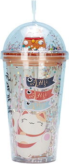 Lucky Cat Cups with Straw Kitten Party Cup Travel Tumblers Adults Ice Coffee Mugs Women Reusable Plastic Water Bottle Birthday Gift (orange cat, 6.5 * 20 cm)