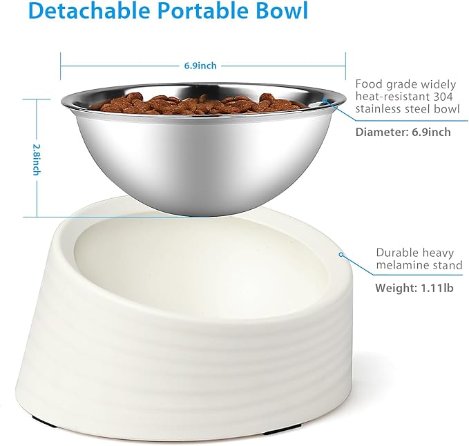 Tilted Angle Dog Bowl, 15° Slanted Stainless Steel Dog Cat Food Bowl, Non-Slip & Non-Spill Pet Feeder with Elevated Detachable Melamine Stand, Easy to Get Food Dish, Large 2 Cup White