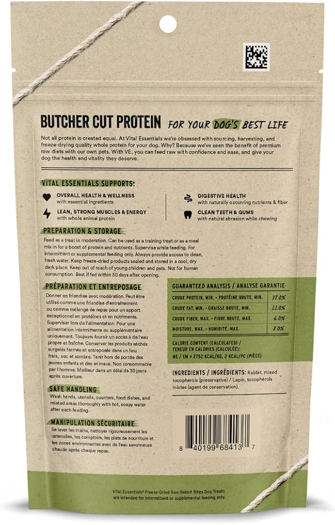 Vital Essentials Rabbit Bites Dog Treats, 2 oz | Freeze-Dried Raw | Single Protein | Premium Quality High Protein Training Treats | Grain Free, Gluten Free, Filler Free