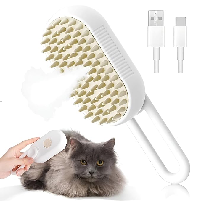 4-in-1 Steam Brush for Cats – Self-Cleaning Comb for Long and Short Hair Cats and Dogs, Steam Pet Brush for Hair Removal, Vibrating Message, Grooming & Relaxation (White)