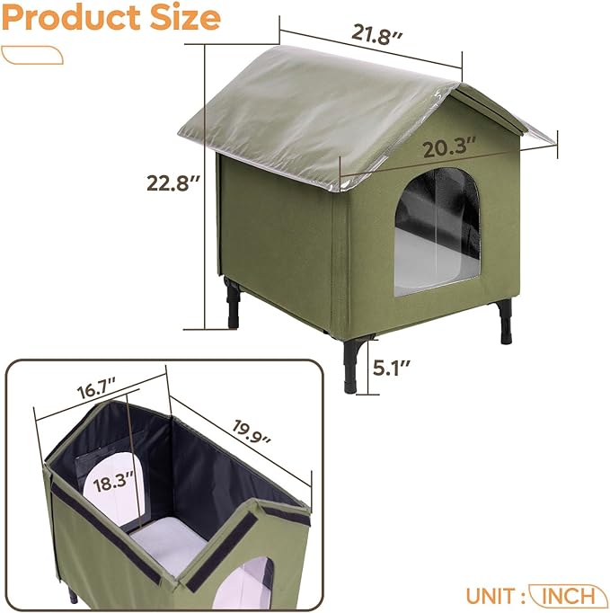 Large Cat House for Outdoor Cats Weatherproof, Indestructible Feral Cat House for Outside, Waterproof Elevated Kitty Pet House with Soft Pad, Extra Roof Cover, Easy Assembly, Barn, Porch