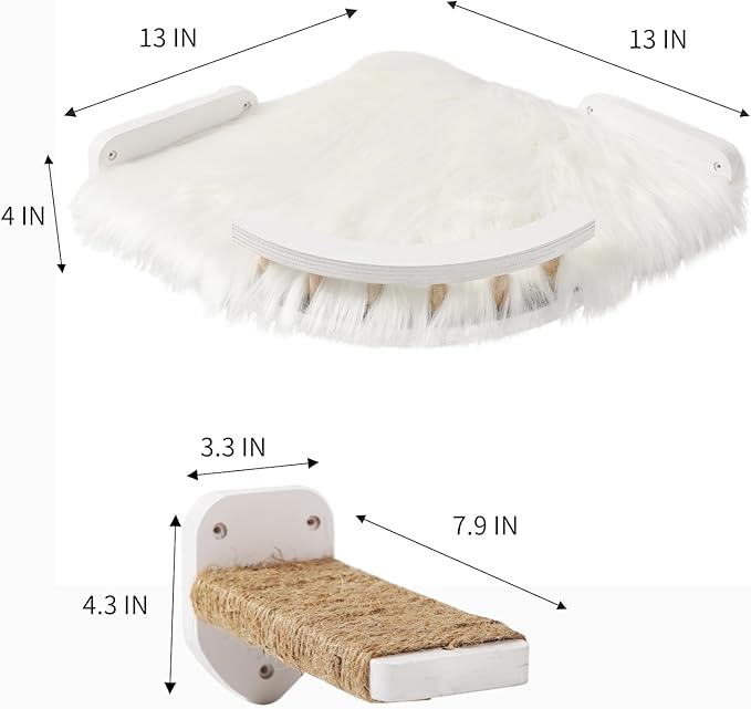 Cat Wall Shelves - 3 Steps Scratch Post & Hammock Bed, Corner Cat Furniture with Plush Covered Climbing Shelf for Indoor Cats (White)