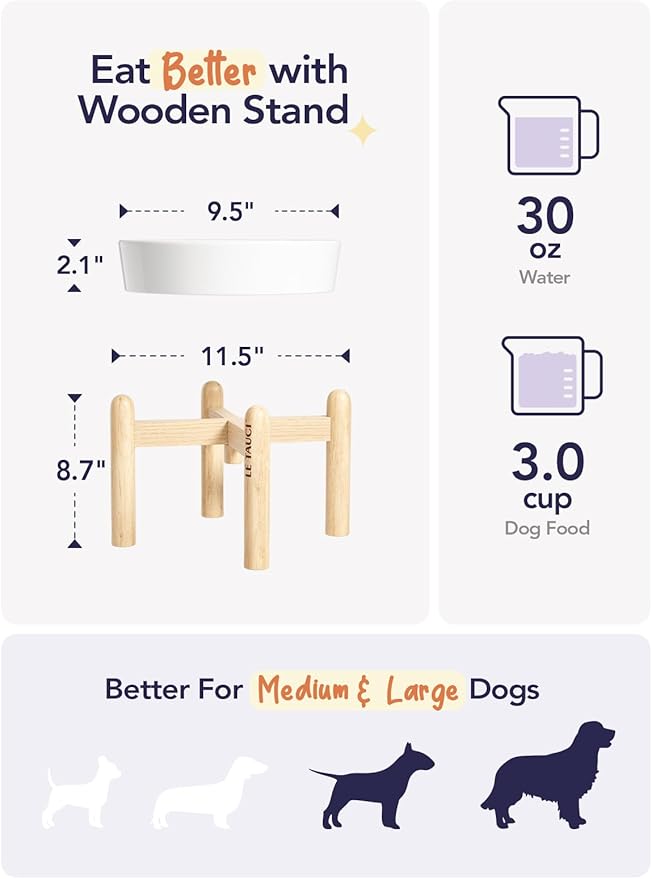 LE TAUCI Ceramic Slow Feeder Dog Bowls Elevated, 3 Cup Raised Bowl with Wooden Stand for Medium Large Breed, Slow Down Eating, Puzzle Dog Food Bowl, Angel White