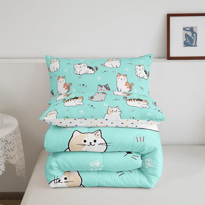 Erosebridal Girls Pink Cat Comforter King Cute Animal Bedding Set for Boys Cartoon Pet Bedding Comforters & Sets Kawaii Kitten Duvet Set for Toddlers Kids Bedroom Microfiber All Seasons Quilt Set 3pcs