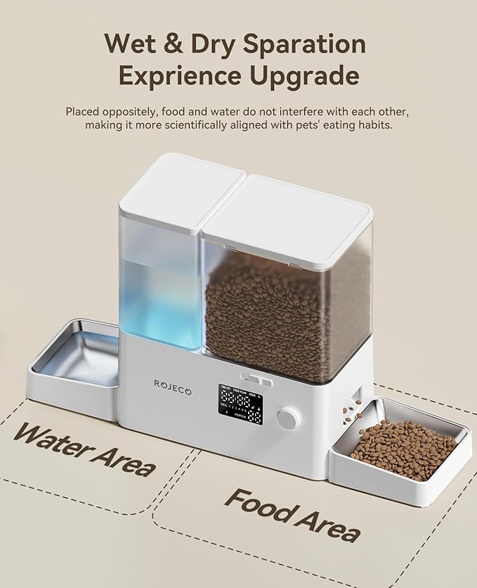Rojeco 36Cups/8.5L Pet Automatic Cat Feeder and Gravity Water Dispenser,Stainless Steel Bowls 2-in-1 Set Large Capacity 5L Food Feeder and 3.5L Water Fountain for Cats,Pets,Small Dogs,Puppies,Kittens