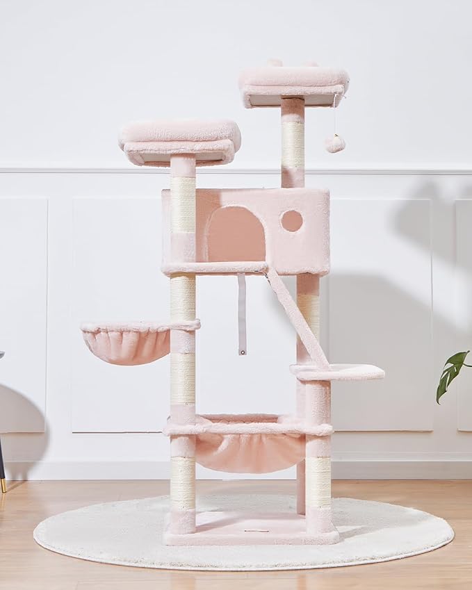 Taoqimiao Cat Tree 57.5-Inch, Cat Tower for Indoor Cats Large Adult, Extra Large Cat Condo, 8 Sisal Scratching Posts, Metal Frame Cozy Hammock, Durable Scratch Board, 2 Top Perches, Jelly Pink MS026P