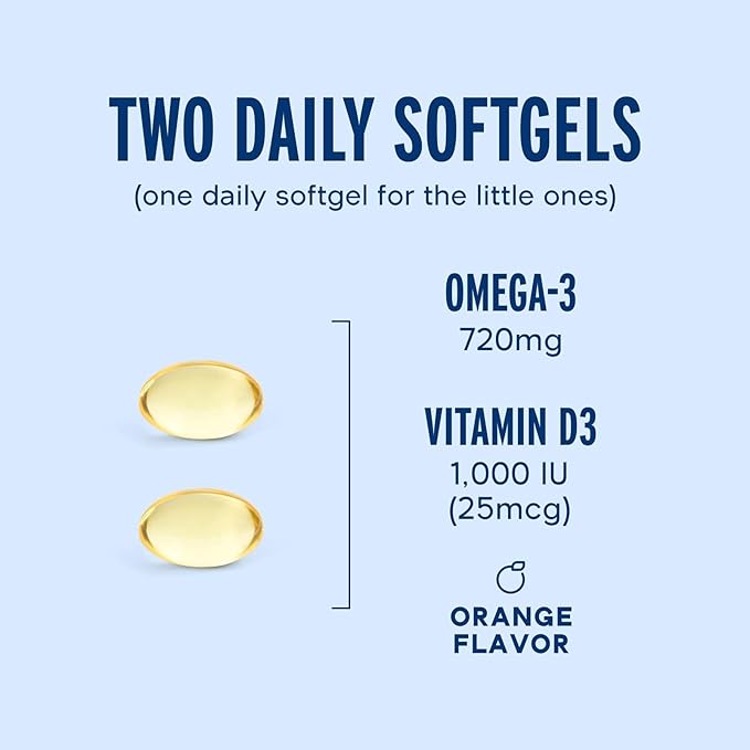 Oceanblue Omega 3 Supplement for Women | Burpless Fish Oil 720mg with Vitamin D3 | Small Pills Easy to Swallow Mini Softgels | Heart Immune Support Orange Flavor (60 Count Minicap)