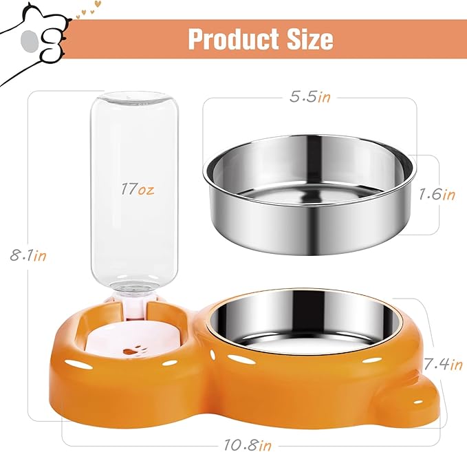Dog Bowls, Cat Food and Water Bowl Set with Water Dispenser and Stainless Steel Bowl for Cats and Small Dogs - Orange