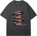 Verdusa Women's Lips Print Graphic Tees Y2k T Shirts Summer Crew Neck Vintage Going Out Tops