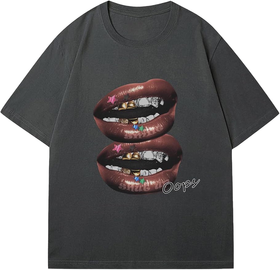 Verdusa Women's Lips Print Graphic Tees Y2k T Shirts Summer Crew Neck Vintage Going Out Tops