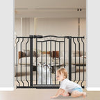 29.53"-43.30" Mornyray Auto-Close Baby Gate Extra Wide, Pressure Mounted Dog & Pet Gate for Stairs Doorways, No Drill Safety Barrier with Lace Design, Metal Child Proof Gate Indoor Outdoor, Black