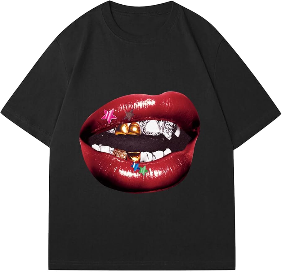 Verdusa Women's Lips Print Graphic Tees Y2k T Shirts Summer Crew Neck Vintage Going Out Tops