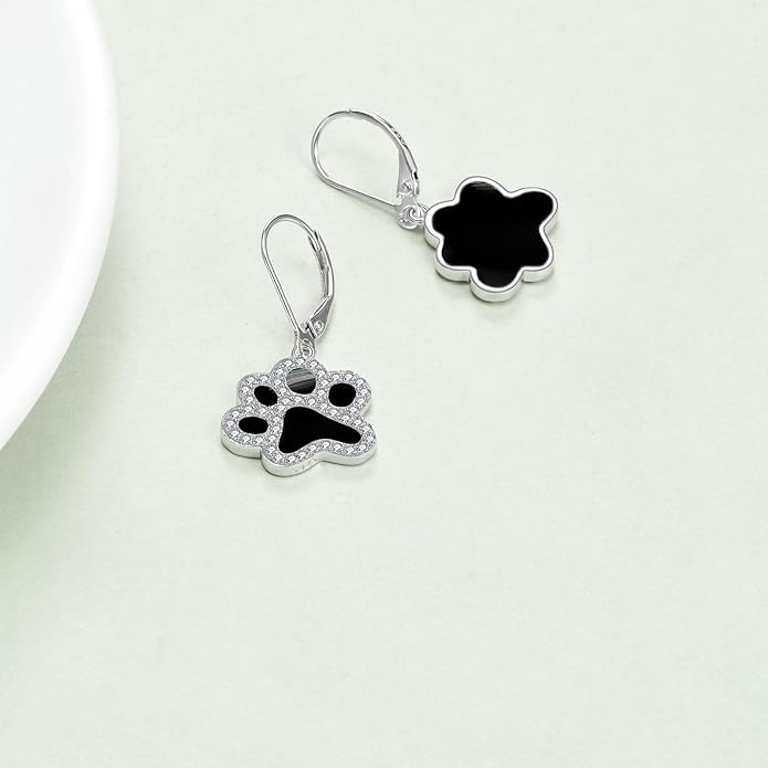 Paw Print Earrings Sterling Silver Leverback Dog Paw Earrings Puppy Paw Drop Dangle Earring for Women Girls