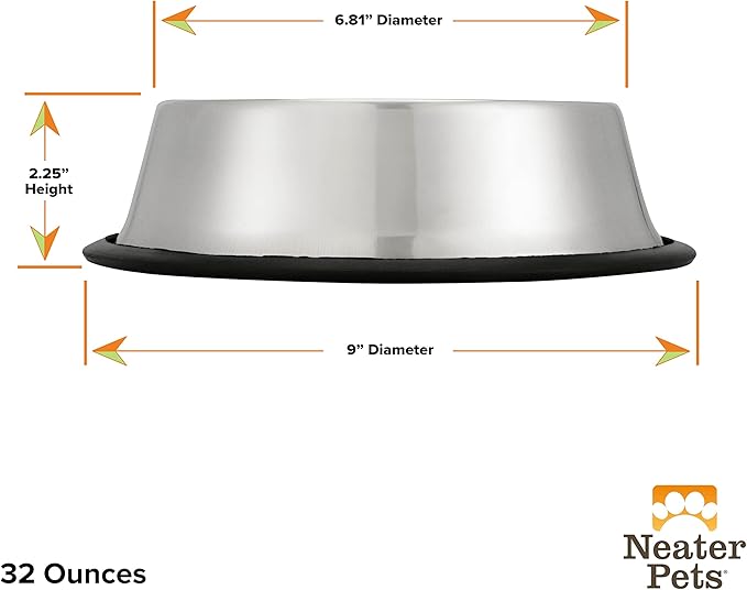 Neater Pet Brands - Stainless Steel No-Skid & Non-Tip Dog Bowl for Food or Water (32 oz, Stainless Steel)