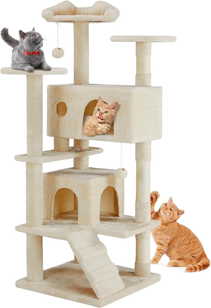 Sweetcrispy 54 Inch Cat Tree Tower, Multi-Level with Cat Scratching Post, Indoor Cat Condo with Climbing Ladder, Plush Toy, Play House for Cat, Beige