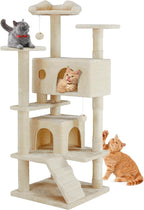 Sweetcrispy 54 Inch Cat Tree Tower, Multi-Level with Cat Scratching Post, Indoor Cat Condo with Climbing Ladder, Plush Toy, Play House for Cat, Beige