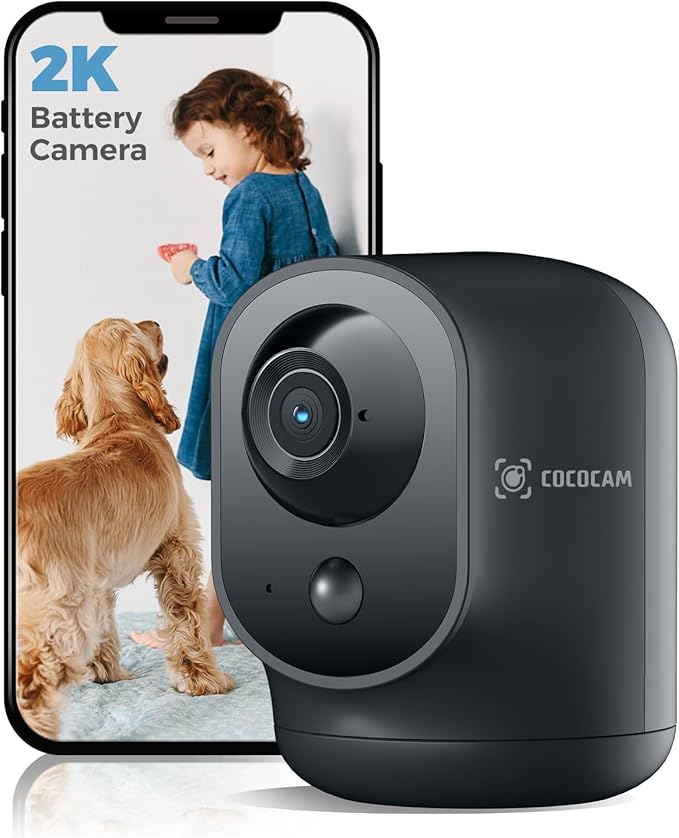 COCOCAM 2K Indoor Pan/Tilt Security Camera with 5200mAh Battery, WiFi Camera,Wireless for Baby Monitor/Pet/Home Security, AI Recognition, PIR Human Detection, 2.4G WiFi (Black)