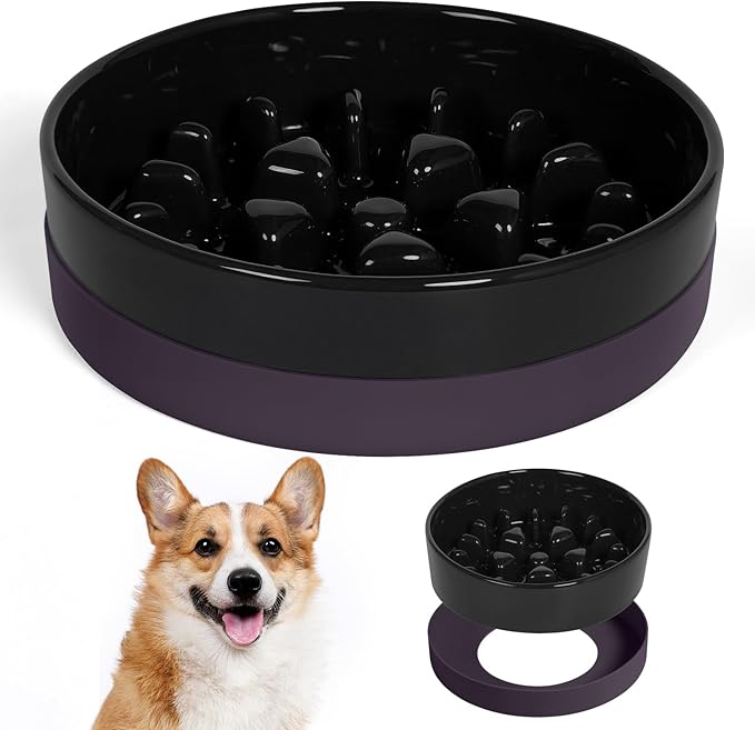 Sted Ceramic Slow Feeding Dog Bowl with Silicone Base, Small Medium Breed, Slow Down Eating, Puzzle Dog Food Bowl, Maze Black