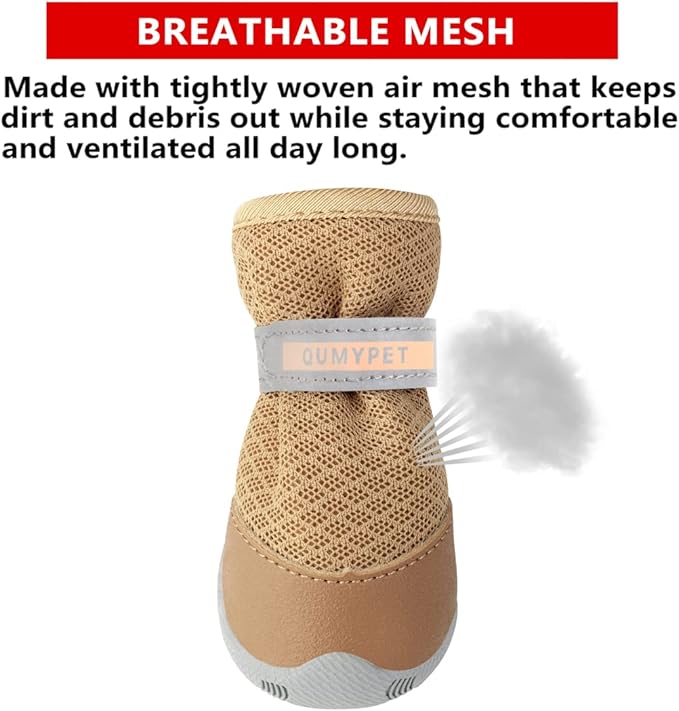 QUMY 4PCS Dog Shoes for Small Dogs, Hot Pavement Summer Puppy Dog Boots & Paw Protectors with Soft Anti-Slip Rubber Sole, Mesh Breathable Dog Booties for Hardfloors, Walking Running Khaki Size 5