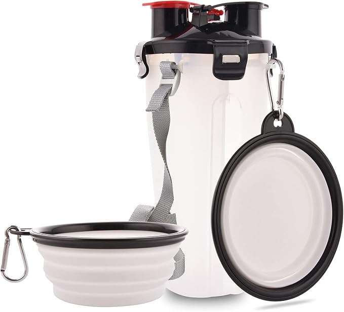 Dog Travel Water Bottle Collapsible Bowls, 2 in 1 Pet Food Container with Collapse Bowls, Outdoor Portable Water Bowls for Walking, Traveling, Camping and Hiking (White)