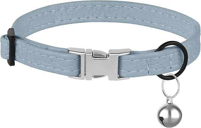 Leather Cat Collar with Buckle and Removable Bell - Non Breakaway Adjustable Soft Safety Small Pet Collars for Girl Boy Cats Kitten (Cornflower)