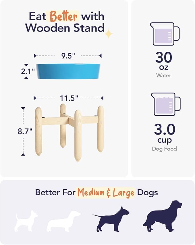 LE TAUCI Ceramic Slow Feeder Dog Bowls Elevated, 3 Cup Raised Bowl with Wooden Stand for Medium Large Breed, Slow Down Eating, Puzzle Dog Food Bowl,Vortex Blue