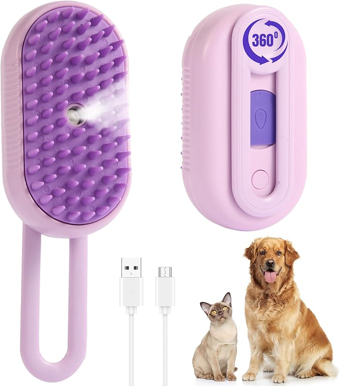 4-in-1 Pet Steam Brush for Dogs & Cats - Anti-Static Deshedding Grooming Tool with Massage & Cleaning for Long/Short Hair | Micro-B Rechargeable (Purple)