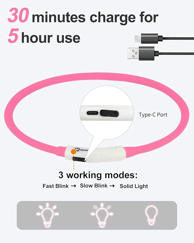 Joytale Light Up Dog Collar, Rechargeable Rainproof LED Collar for Night Walking Safety, Soft Silicone Glow in The Dark, Suitable for Small Medium Large Dogs, HotPink