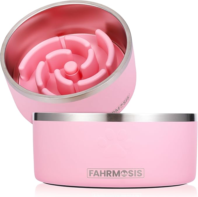 64 OZ Dog Bowl with Slow Feeder Insert Stainless Steel Pet Water Bowl for Medium & Large Breed Non Slip Rubber Base & Plastic Puzzle Feeder - Pink