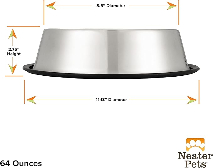 Neater Pet Brands - Stainless Steel No-Skid & Non-Tip Dog Bowl for Food or Water (64 oz, Stainless Steel)