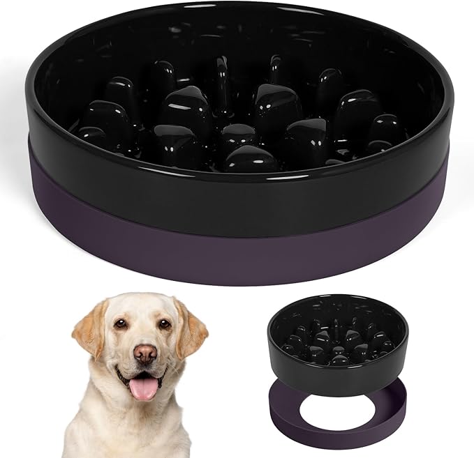 Sted Ceramic Slow Feeder Bowl for Medium Large Breed Dogs - Puzzle Food Bowl With Silicone Base for Fast Eaters, Slows Down Eating - Maze Black