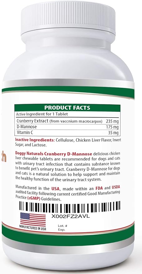 Cranberry D-Mannose for Dogs and Cats Urinary Tract Infection Support Prevents and Eliminates UTI, Bladder Infection Kidney Support, Antioxidant (Double Strength Tablet, 150 Count)