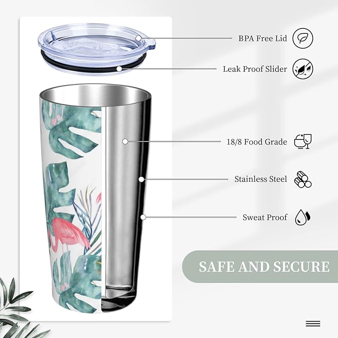 Flamingo Tumbler with Lid and Straw, 20 Oz Stainless Cup Steel Insulated Water Bottle Travel Coffee Mug, Flamingo Gifts for Women