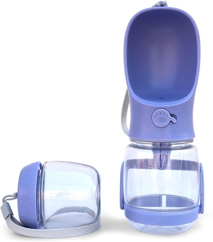Dog Water Bottle with Food Container Holder, Travel Puppy Drinking Bowl, Portable Pet Water Dispenser, Patented Design, Food Grade Plastic 12 oz Water Bottle+100g Snack cans