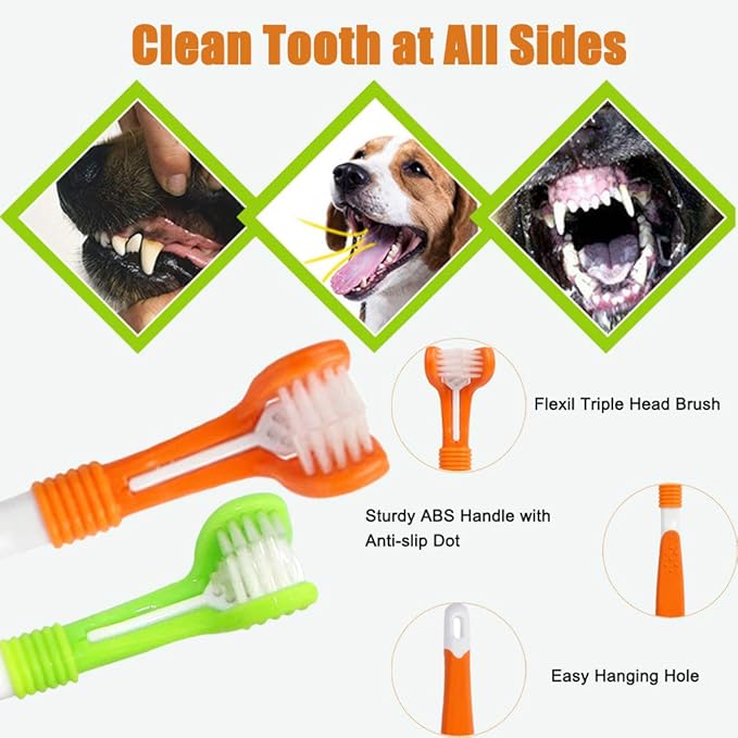 10 Pack Pet Dog Toothbrush, 2 Triple Head Pet Toothbrushes 3 Double Head Tooth Brush 5 Pack Finger Rubber Toothbrushes, Multi-Angle Dental Cleaning Brushes for Dog Cat Oral Dental Health
