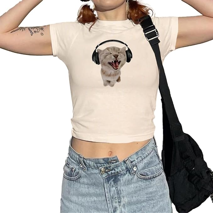Cat Graphic Baby Tee for Women Grunge Y2k Shirt Funny Crop Tops Teens Cute Cropped Tees Aesthetic Printed Tshirts