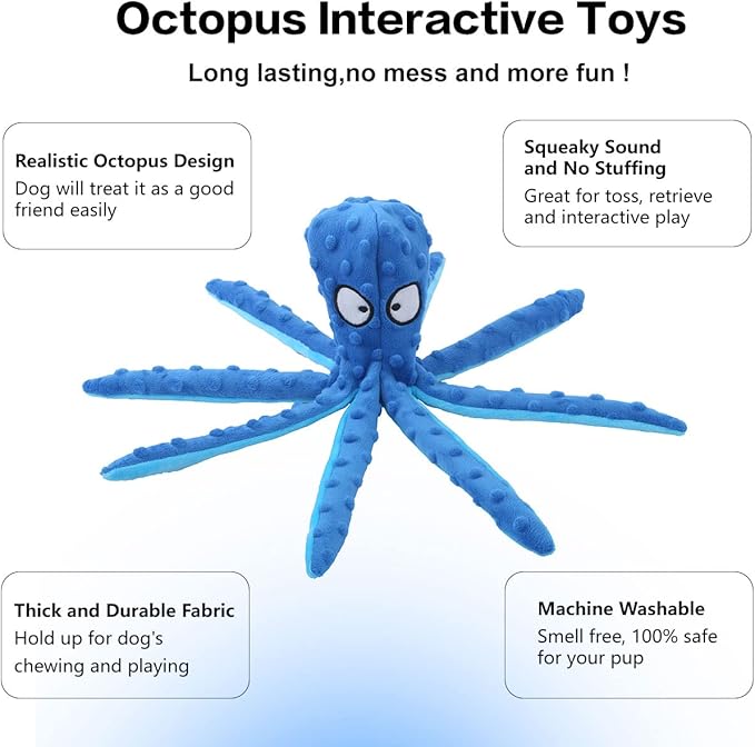 Octopus Squeaky Plush Dog Toys - No Stuffing, Crinkle, Durable for Puppy Teething, Small to Large Dogs, 2 Pack