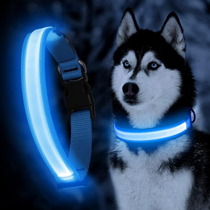 YFbrite Ultra Light Adjustable LED Dog Collar, Light up Dog Collars Rechargeable Glowing in The Dark Collars Visiblity & Safety for Small, Medium, Large Dogs (Blue, Small)