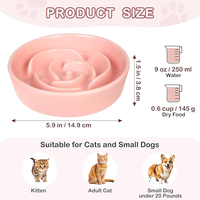 TRUVIC Ceramic Slow Feeder Dog Bowls Small Breed, 0.6 Cup Slow Feeder Cat Bowls for Fast Eaters, Ceramic Dog Food Dish no Black Chin, Puzzle Bowl for Small Dogs and Cats, Pink