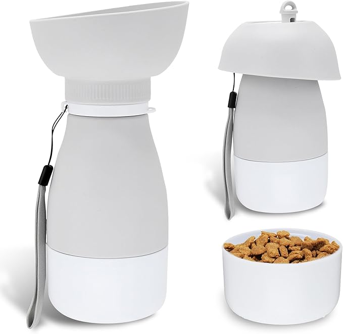 Portable Pet Water Bottle - 20 oz with 8.8 oz Food Container,Silicone Leakproof Travel Bottle for Dogs Cats, Detachable Feeding Dish for Walking Hiking Travel Grey