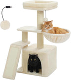 PETEPELA Small Cat Tree for Indoor Cats, 32'' Cute Cat Tower Cat Condo with Sisal Scratching Ramp, Cozy Hammock and Removable Top Bed Perch for Kittens, Beige