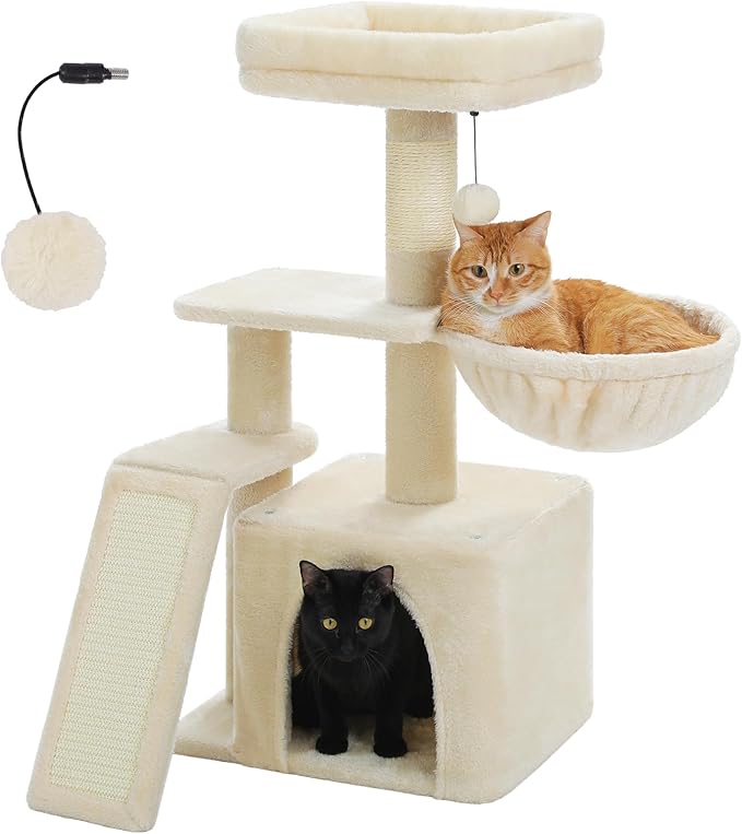 PETEPELA Small Cat Tree for Indoor Cats, 32'' Cute Cat Tower Cat Condo with Sisal Scratching Ramp, Cozy Hammock and Removable Top Bed Perch for Kittens, Beige