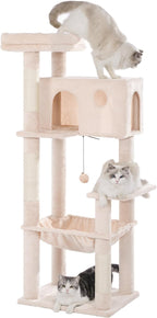 54” Cat Tree with Big Hammock 21x17” Adult Cat Tower with Scratching Posts Featuring Large Top Bed, Scratcher Pad, Spacious Condo House and Detectable Ball for Indoor Cats-Large Beige