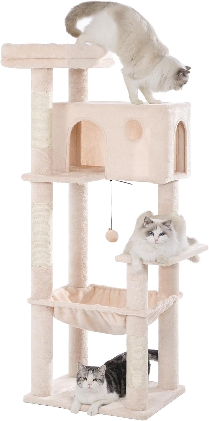 54” Cat Tree with Big Hammock 21x17” Adult Cat Tower with Scratching Posts Featuring Large Top Bed, Scratcher Pad, Spacious Condo House and Detectable Ball for Indoor Cats-Large Beige