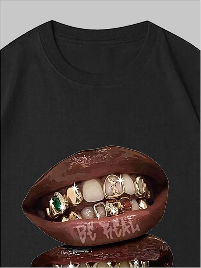 Verdusa Women's Lips Print Graphic Tees Y2k T Shirts Summer Crew Neck Vintage Going Out Tops