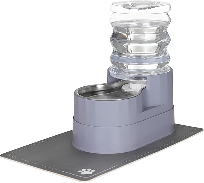 RIZZARI Automatic Pet Water Dispenser: 5L Gray Cats and Dogs Gravity Feeder - Stainless Steel Bowl - Outdoor Hiking Use