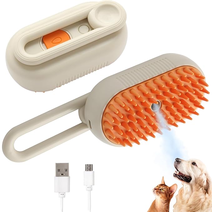 4-in-1 Steam Brush for Cats & Dogs - Grooming Tool with Vibration Massage, 360° Rotation & USB Charging, Pet Hair Remover for Shedding Control, Gentle on Skin